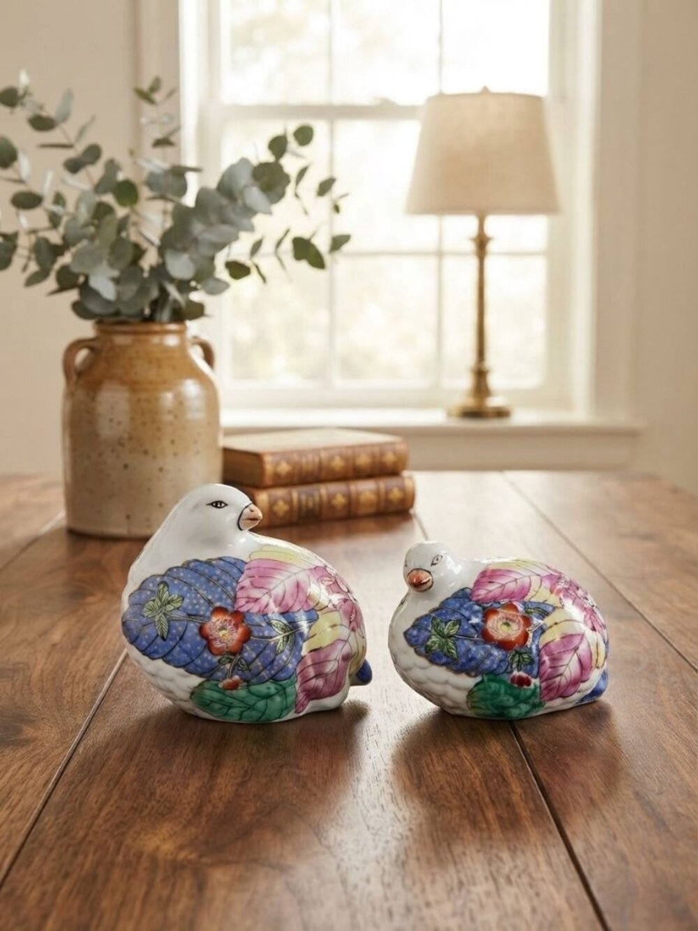 Vintage Chinese Export Porcelain Quail Figurines Tobacco Leaf Bird Pair Set of 2